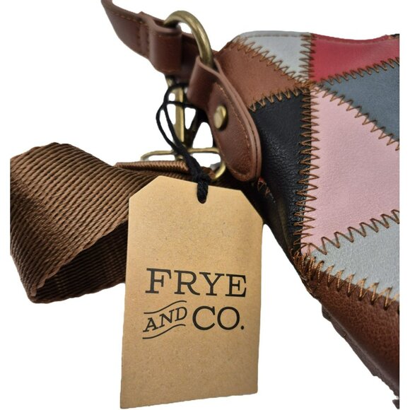 Frye & Co. Geometric Patchwork Leather Crossbody Shoulderbag Purse Brown Brass - Picture 7 of 14